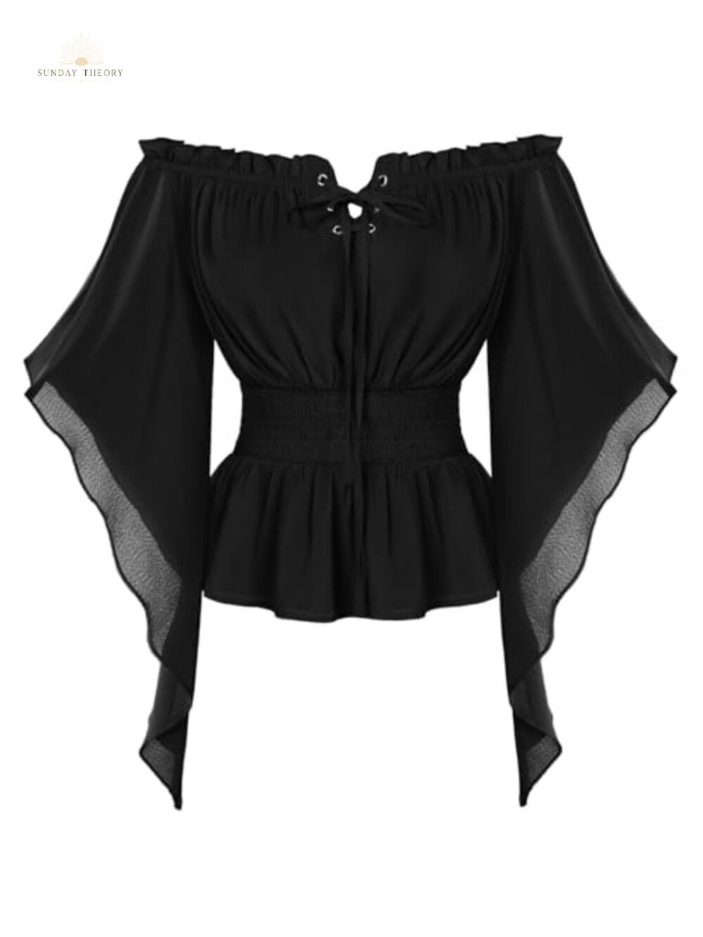 Renaissance Off Shoulder Bell Sleeve Blouse Lace Up Chiffon Peasant Top